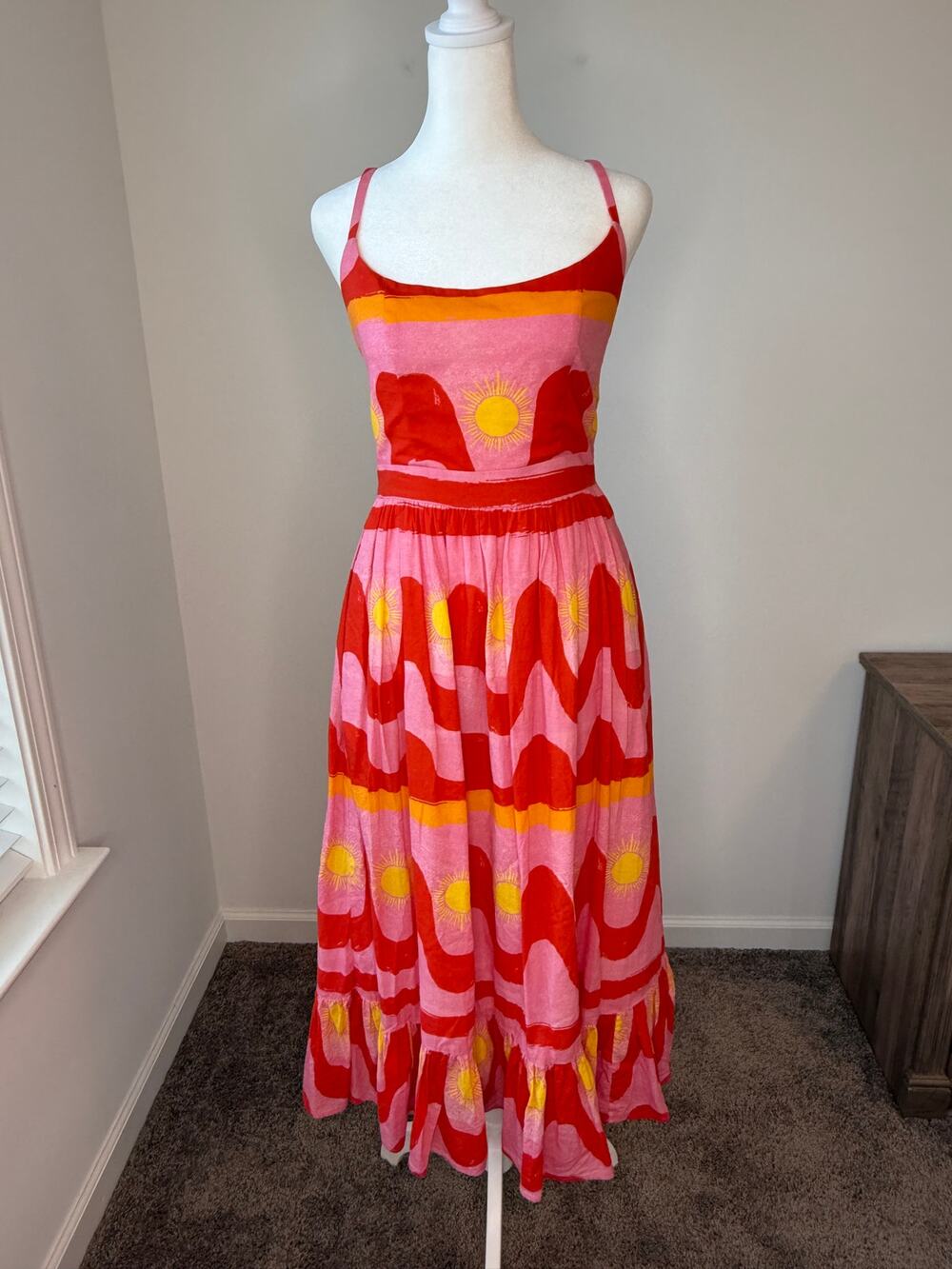 De Loreta Sunrise Print Linen Blend Midi Dress Pink Red Sundress